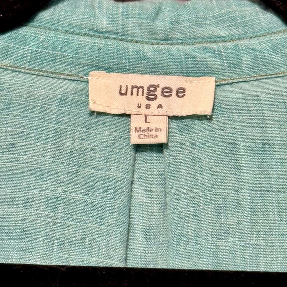 Umgee Linen Cotton Raw Fringe Hem Split Back Button Front Teal Lagenlook Blouse - Picture 10 of 11